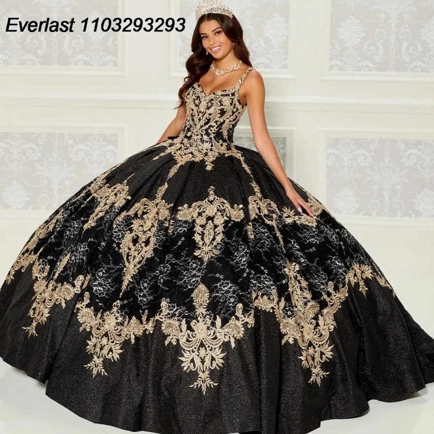 EVLAST-Vestido De quinceañera rosa brillante, Vestido De baile De quinceañera, Aplique De encaje dorado con cuentas, capa dulce 16, 15 Años, TQD224, 2024