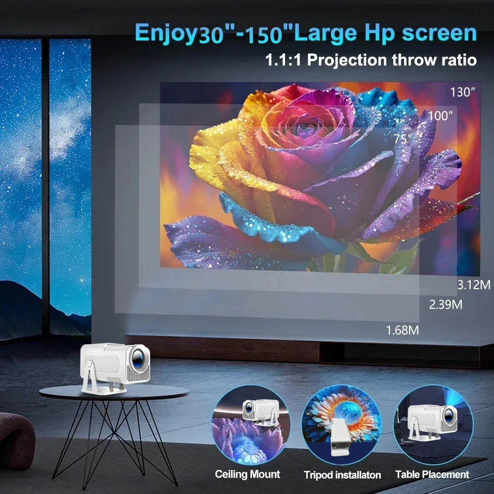 Proiettore portatile nativo 1080P 390ANSI 4K Supporta Android 11 180 °   Girevole Dual Wifi6 Wireless 5.0 per ufficio e uso domestico