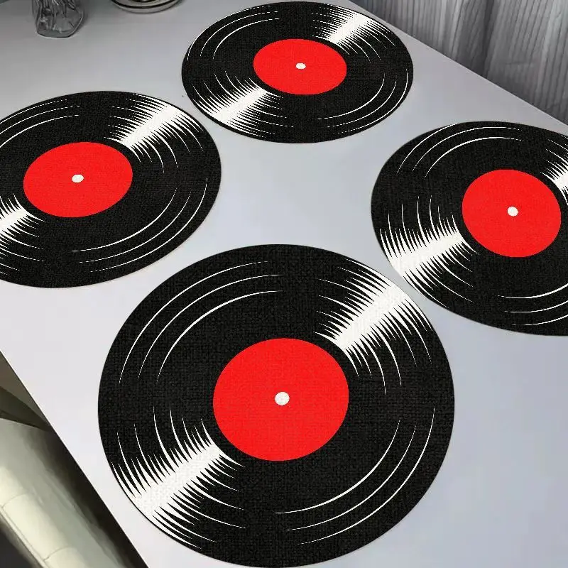 VIKAMA Classic Red Center Vinyl Record Retro Music Round Placemats Heat Resistant Washable Non Slip Bar Kitchen Dining Decor