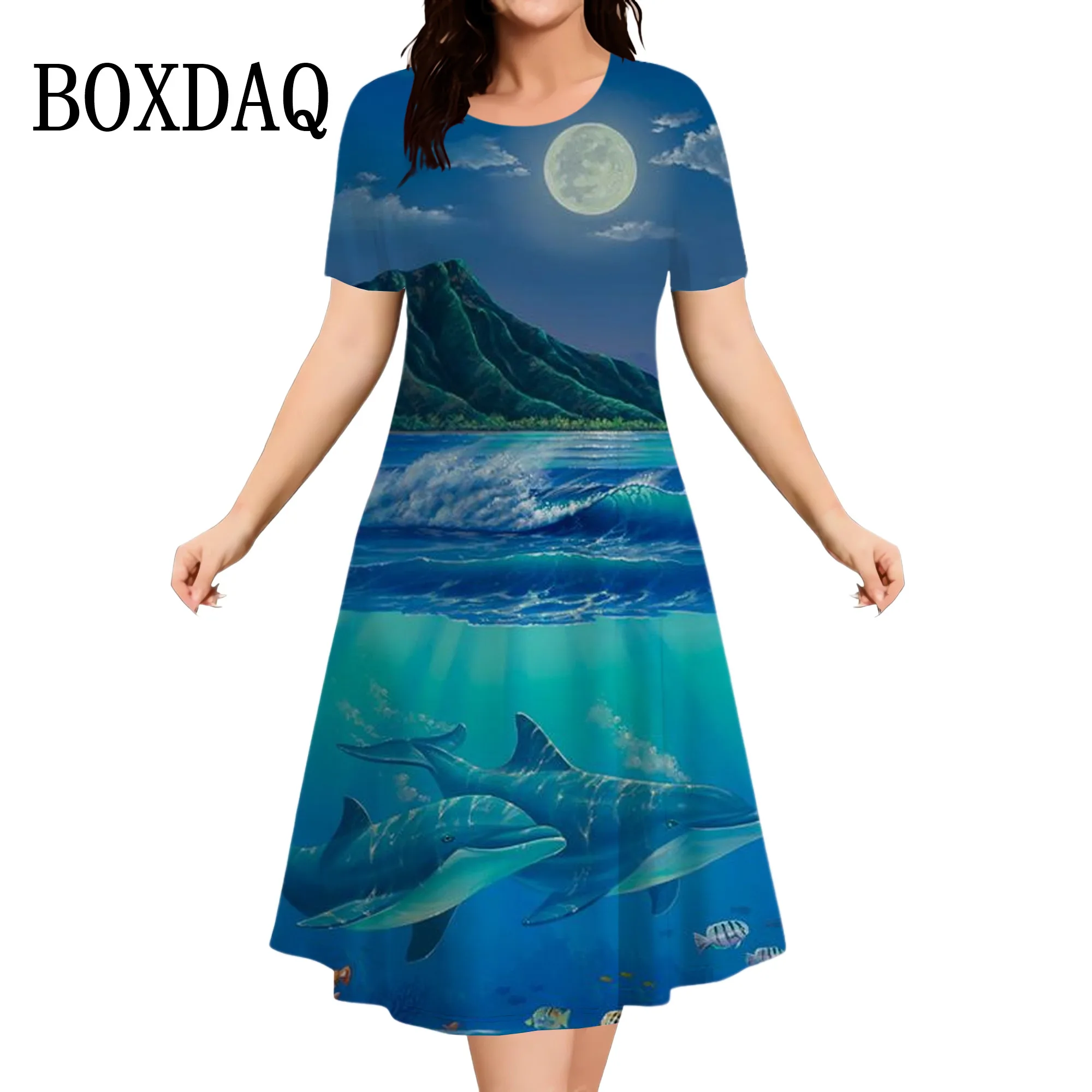 

Summer Fashion Women Dresses Casual Round Neck Short-Sleeve Dolphin 3D Printing Dress Ladies Scenery Marine Animal Pattern Dress