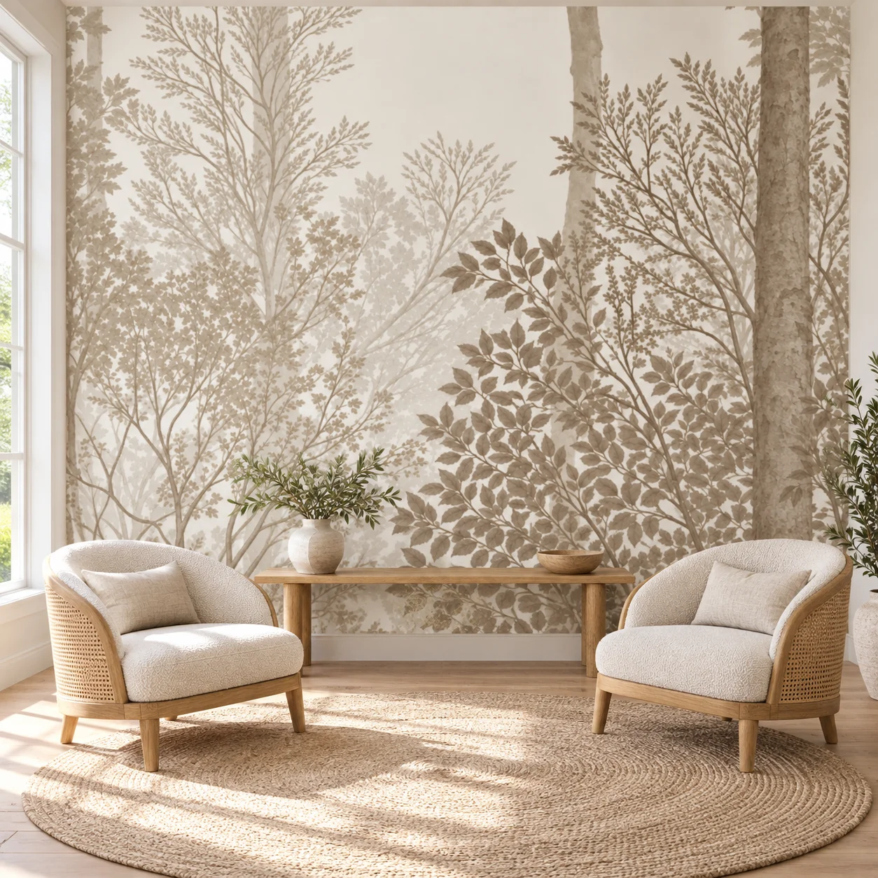 Forest Wall Mural Beige Botanical Trees Neutral Woodland Wallpaper Non Self Adhesive Living Room Bedroom Natural Wall Decor Home