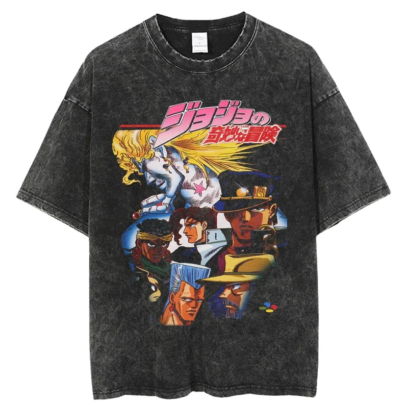 2024 Mens Harajuku Vintage Washed T-shirt Anime JoJo's Bizarre Adventure Summer Casual O-Neck Cotton Tshirt Unisex tops