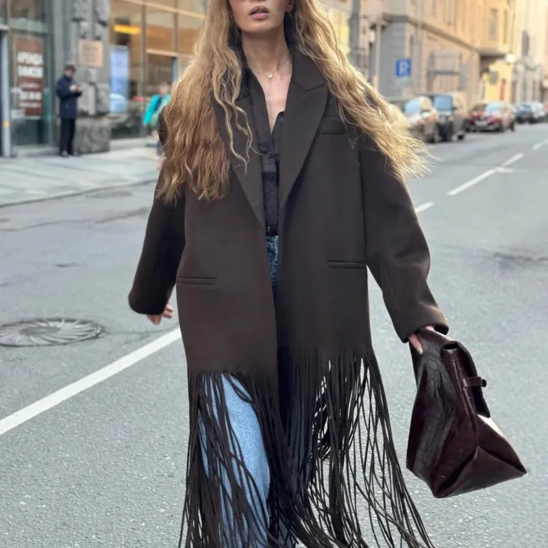 EAEOVNI Cappotto lungo in lana con nappa vintage per donna Design alla moda Giacca in tinta unita con bottone singolo Office Lady Autunno Inverno 1A282