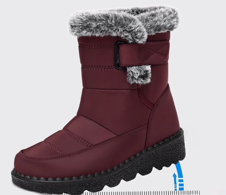 Damen-Schneestiefel bis zur Mitte der Wade, warm, mit Plüschfleece gefüttert, mit Klettverschluss, Pompon-Dekor, rutschfeste dicke Sohle, Winter-Freizeitschuhe für kaltes Wetter. – Detail 9