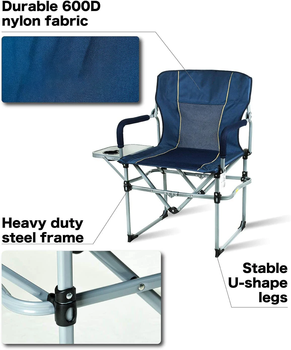 heavy-duty compact camping folding mesh chair with side table and handle