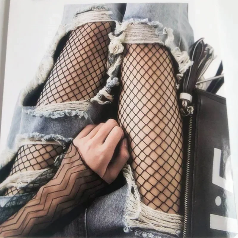 Lady Sexy High Waist Fishnet Stocking Mesh Club Tights Panty Knitting Net Pantyhose Ripped Jeans Match Long Sock Lingerie 1/4pc
