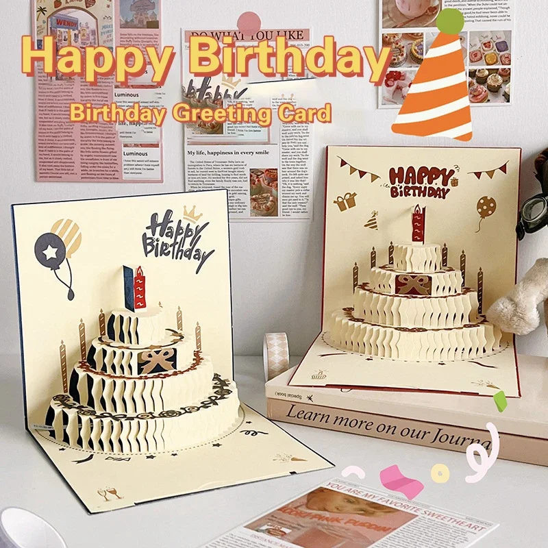 3d Musical Birthday Cake Card Led Light Pop-up Greeting Cards With Envelope For All Occasion Girl Kid Wife Postcards