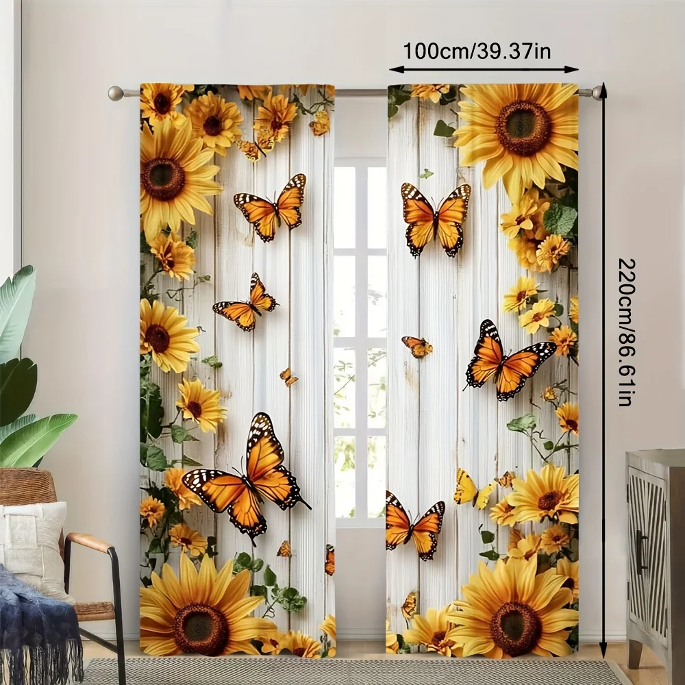 2 Panels Sunflower & Monarch Butterfly Curtains, Rustic Wood Print, Nature Garden Scenery Drapes for Living Room Bedroom