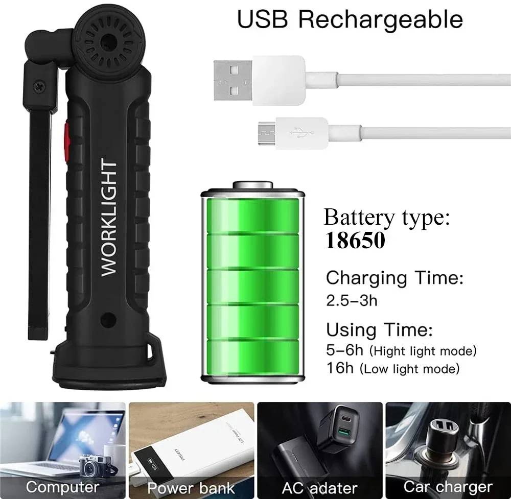 Luz LED de trabajo COB, linterna LED recargable por USB regulable, lámpara de inspección con gancho magnético, Banco de energía, linterna de batería 18650