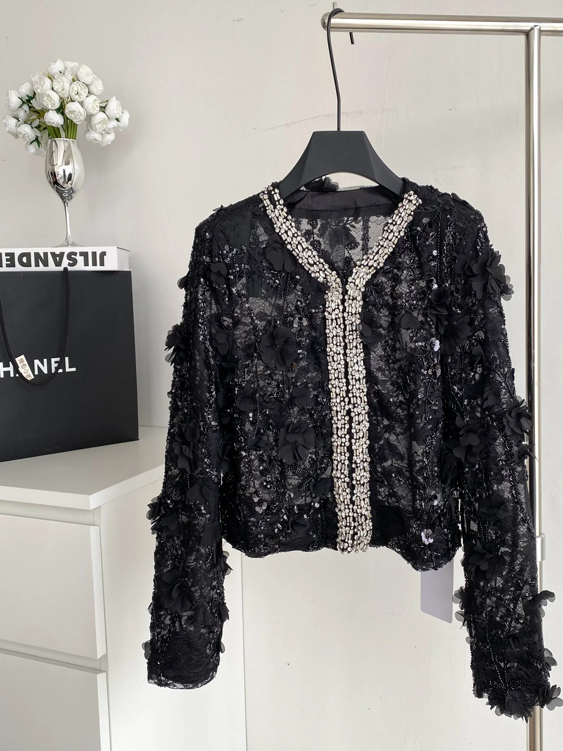 

iny Luxury Women's Jaet V-Ne Long Sve Sparkling Sequins Embellied Heavy Work Floral 3D Printed ort Top for Autumn