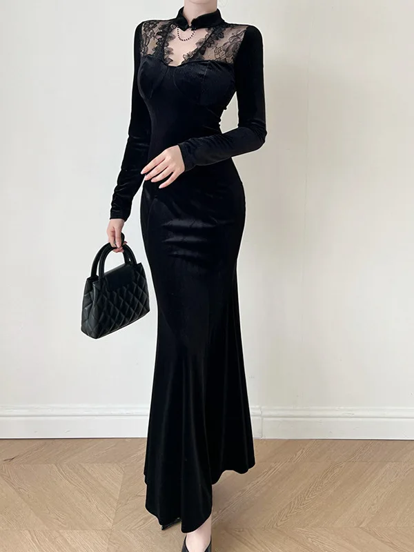 Vestido largo ajustado de sirena de terciopelo negro con apliques de encaje Vintage, elegante, ajustado, transparente, detalles recortados, ropa de mujer de moda coreana