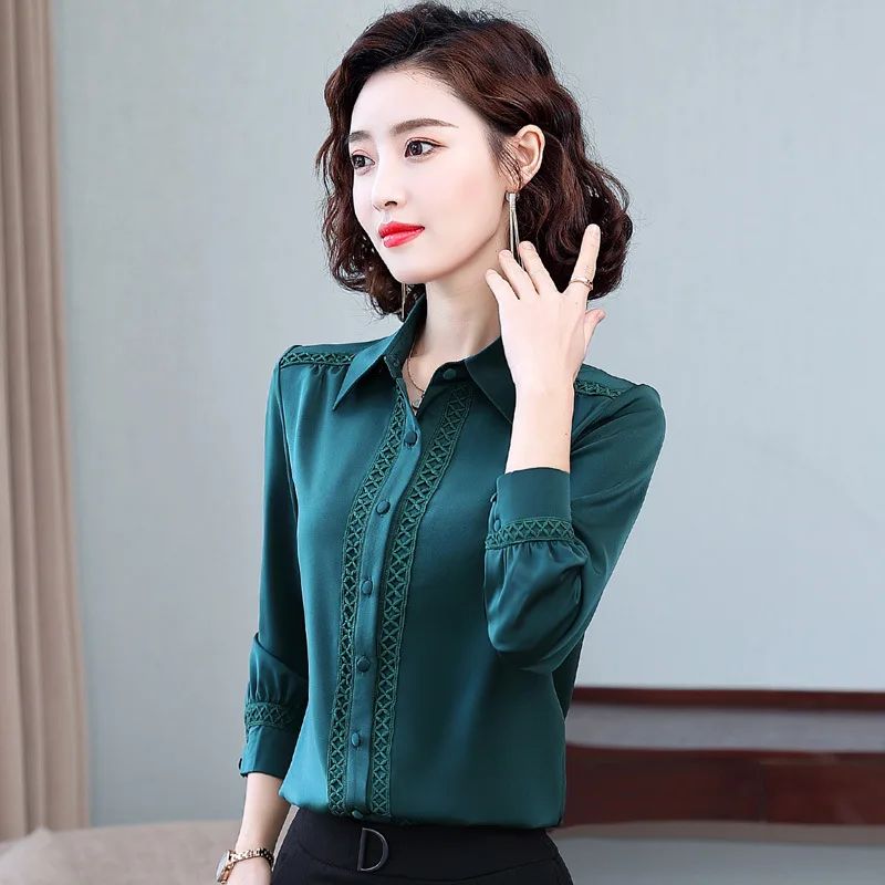 Spring Fall Women 2023 Shirts Office Female White Lace Jacquard Patchwork Collared Button Up Long Sleeve Chiffon OL Blouses Top