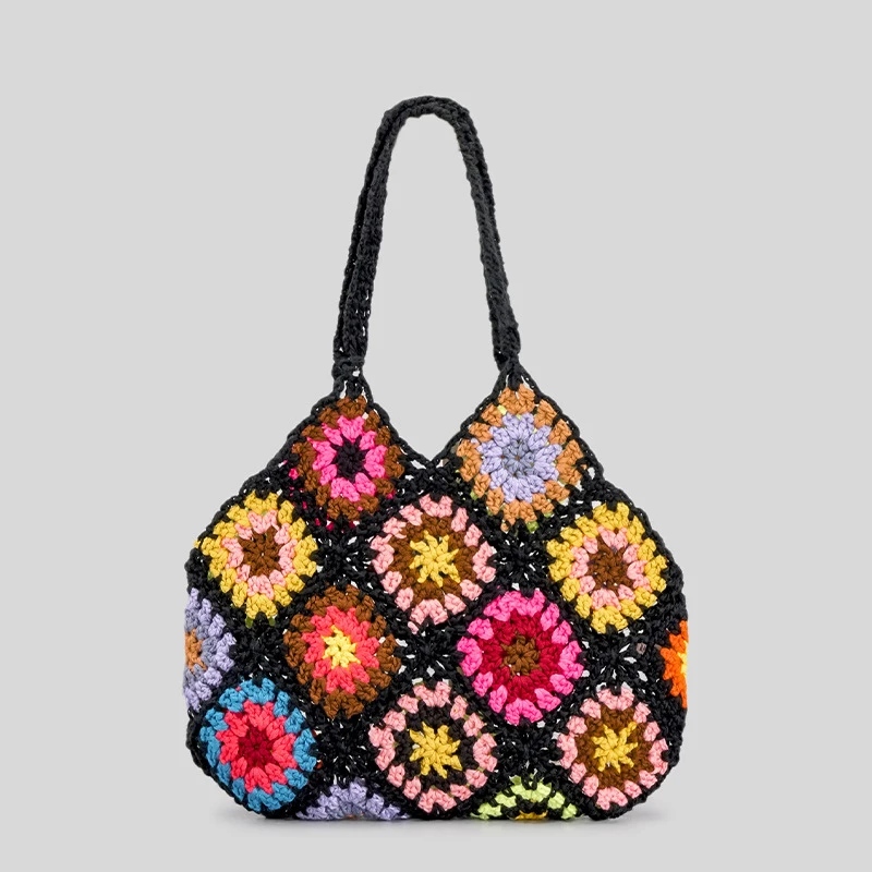 

Bohemia Crocheted Hollow Shoulder Bag for Women Ethnic Style Bucket Bag Cotton Woven Bucket Bags Ladies Vintage Plaid Handbags