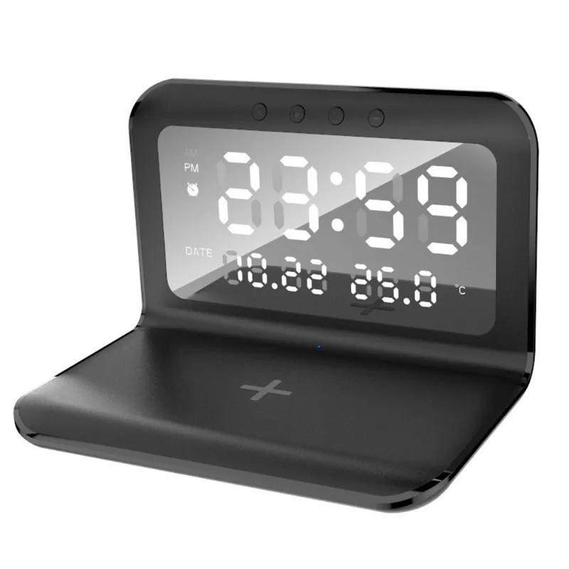 ABVJ-Quick Charge Wireless Charging Desk Clock- 2-In-1 Design, Digital Display, Black