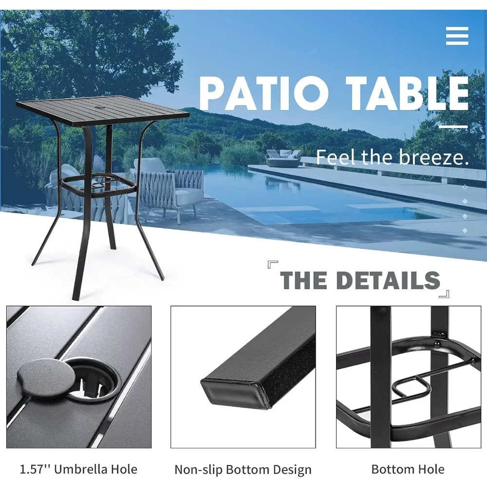 Meja Bar Patio Tinggi 39” Rangka Logam Meja Bar Bistro Luar Ruangan, Permukaan Meja Berpalang dengan Lubang Payung 1.57, Hitam Klasik