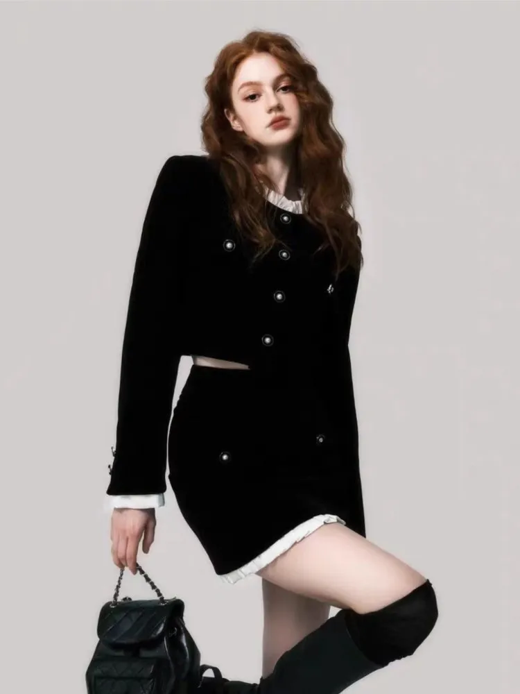 French Elegant Two Piece Velvet Skitr Set Women Autumn Winter long Sleeve Single Breasted Short Coat+A-line Mini Skirt Outfit