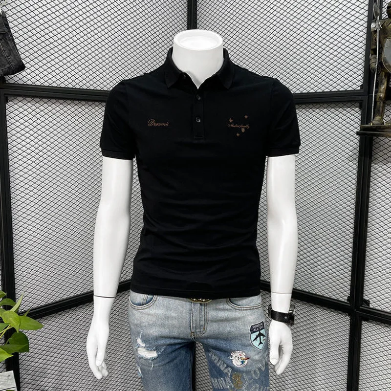 Male Polo T Shirts Skinny Top Embroidery Black Slim Fit White Clothing With Collar Tee Shirt for Men Streetwear New In Print S