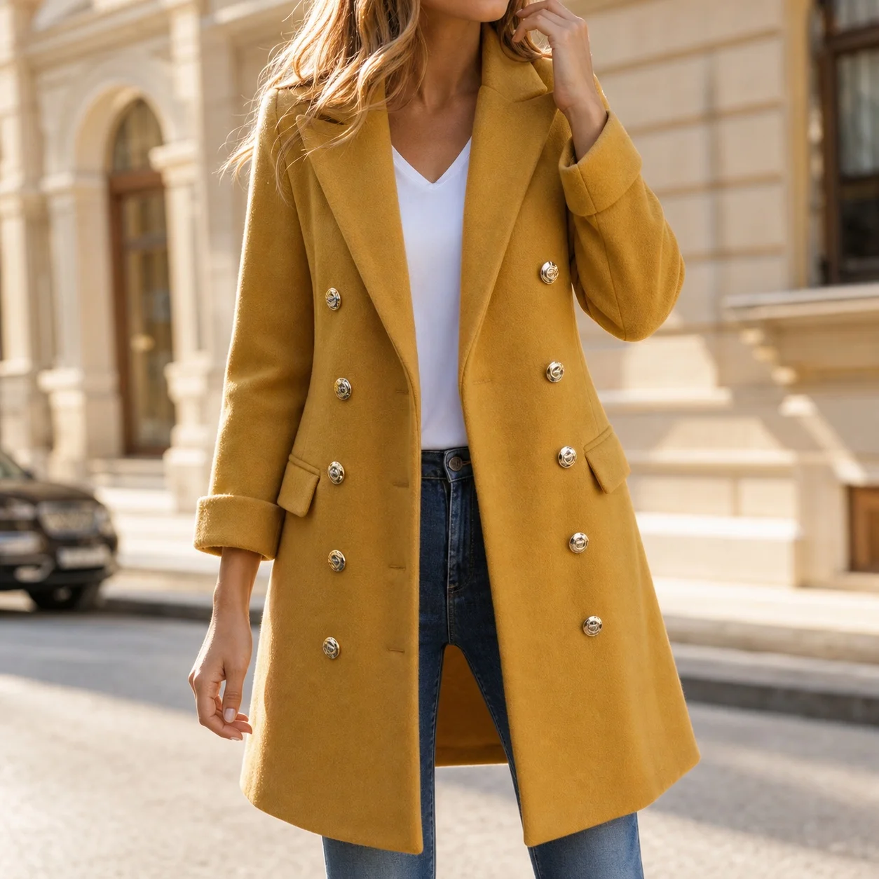 Women's Medium Weight Double Breasted Wool Coat with Notched Collar Slim Fit Midi Length Long Sleeve Solid Color Block Design
