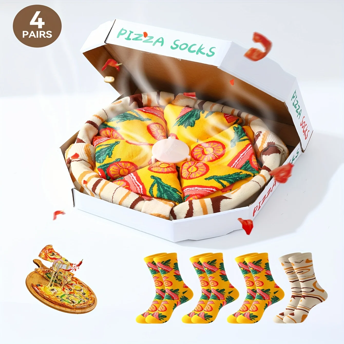 Four pairs of unique and colorful pizza patterns for men and women, gifts for friends on Halloween, socks for all four seasons