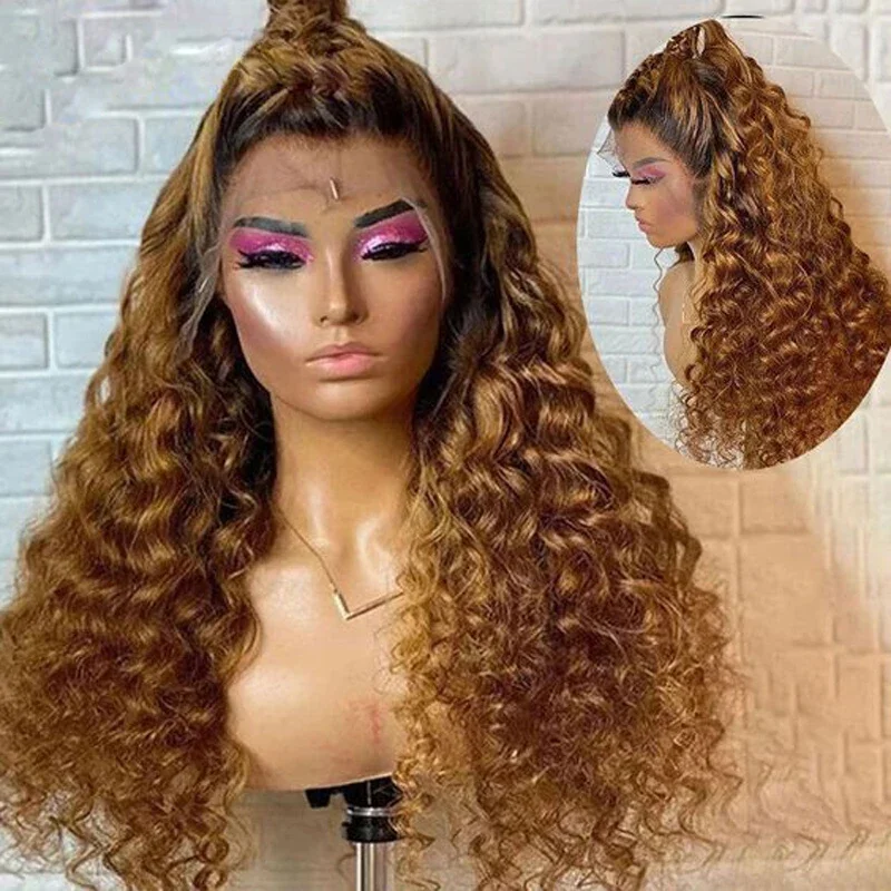 

Soft Long 26lnch Glueless 180Density Ombre Brown Kinky Curly Lace Front Wig For Women With Baby Hair Synthetic Preplucked Daily