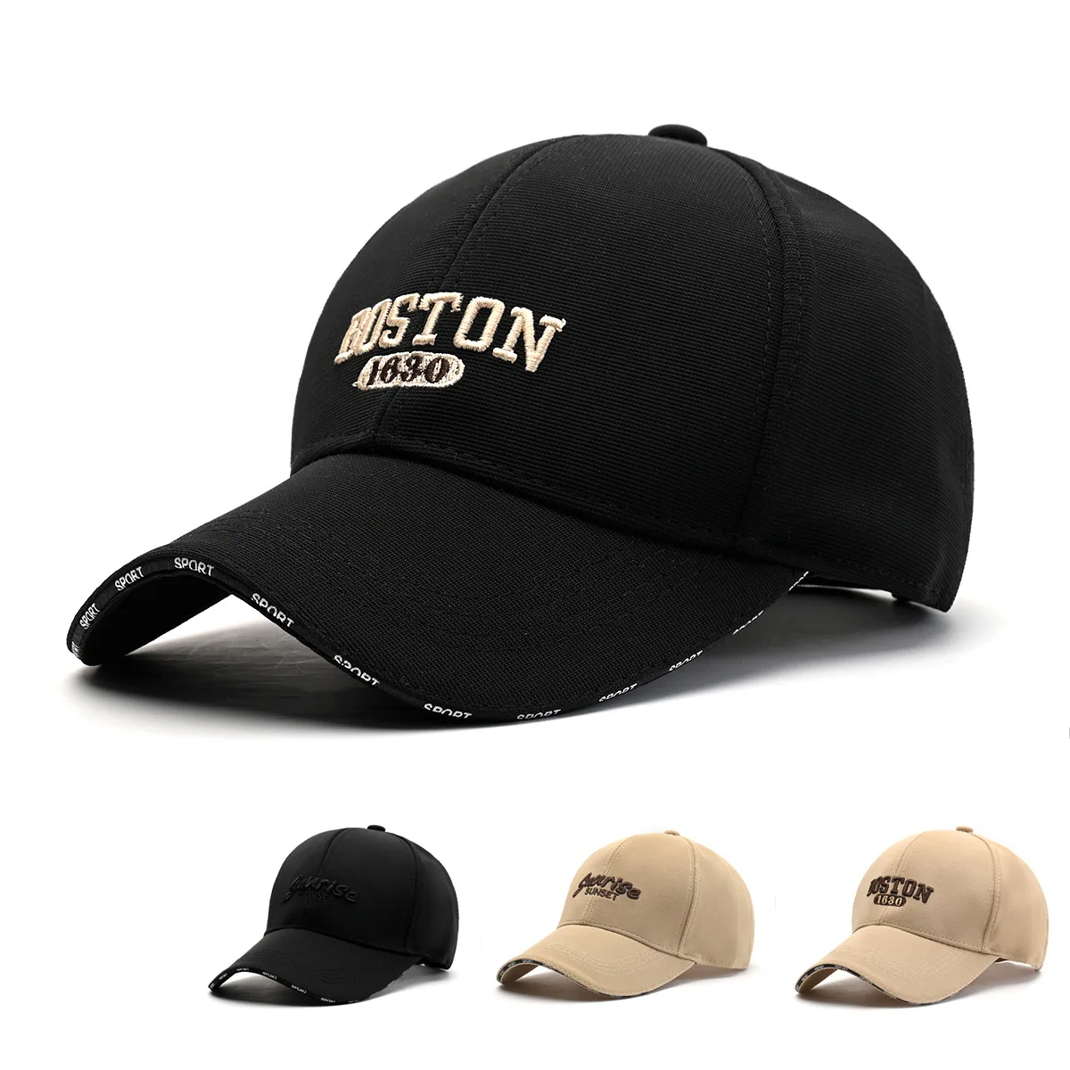 Unisex Embroidery Long Brim Baseball Cap, Sandwich Stair Cloth Sun Protection Casual Peaked Hat for Spring Summer