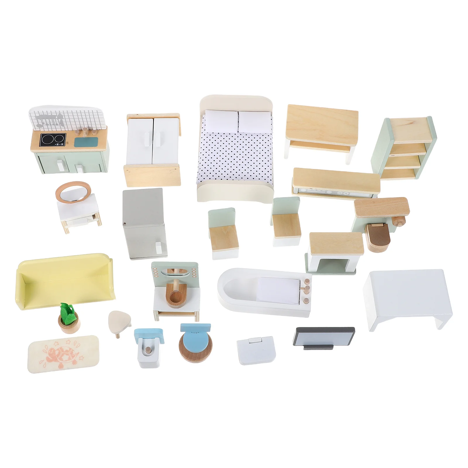 Houten Mini Huis Meubelset Miniatuur Keuken Slaapkamer Badkamer Veilig Afgeronde Randen Fantasiespel Kerstcadeau