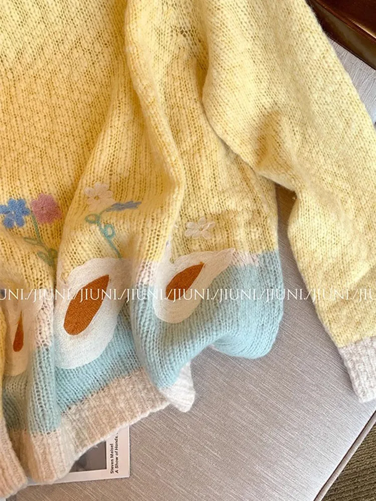 French Elegant Sweet Sweater O-Neck Oversized Funny Floral Duck Print Knitted Pullover Yellow Casual Jumper 2023 Autumn Winter