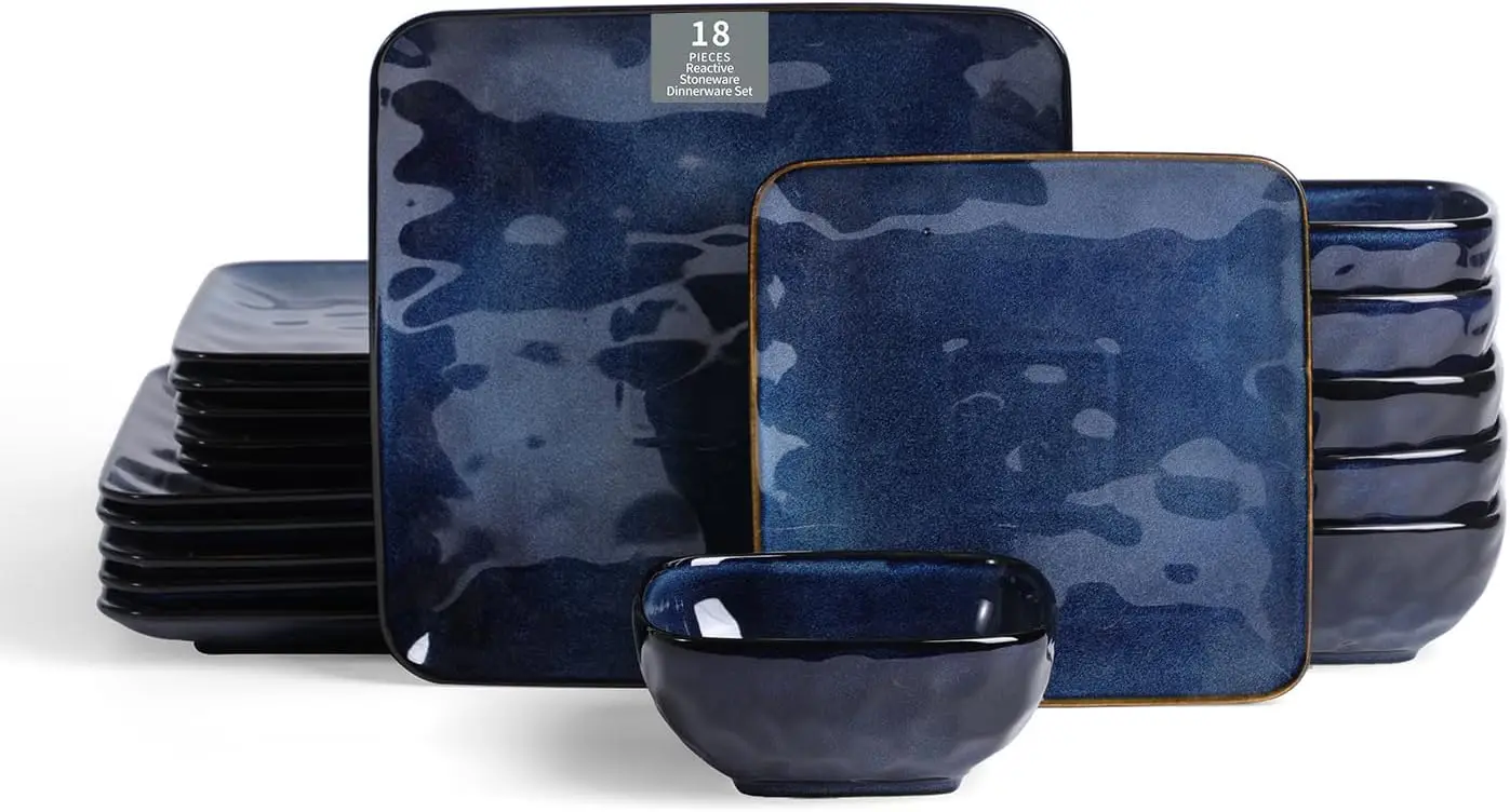 18-Piece Square Ceramic Dinnerware Set - Plates Bowls for 6, Microwave Dishwasher Safe Blue