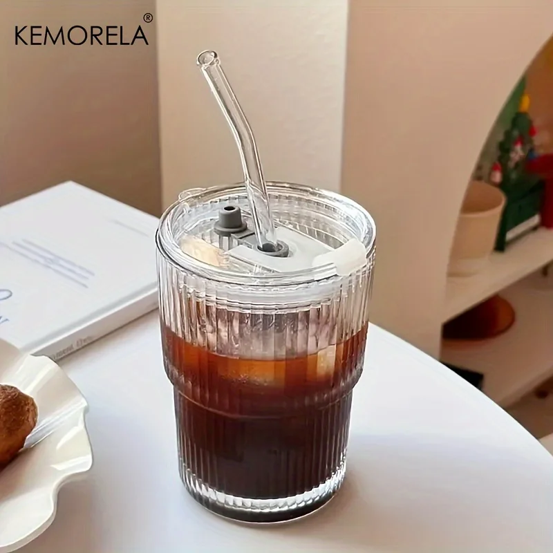 1/2PCS 450ml Stripe Glass Cup Transparent Glasses With Lid and Straw Ice Coffee Mug Tea Cup Juice Glass Milk Water Cup Drinkware