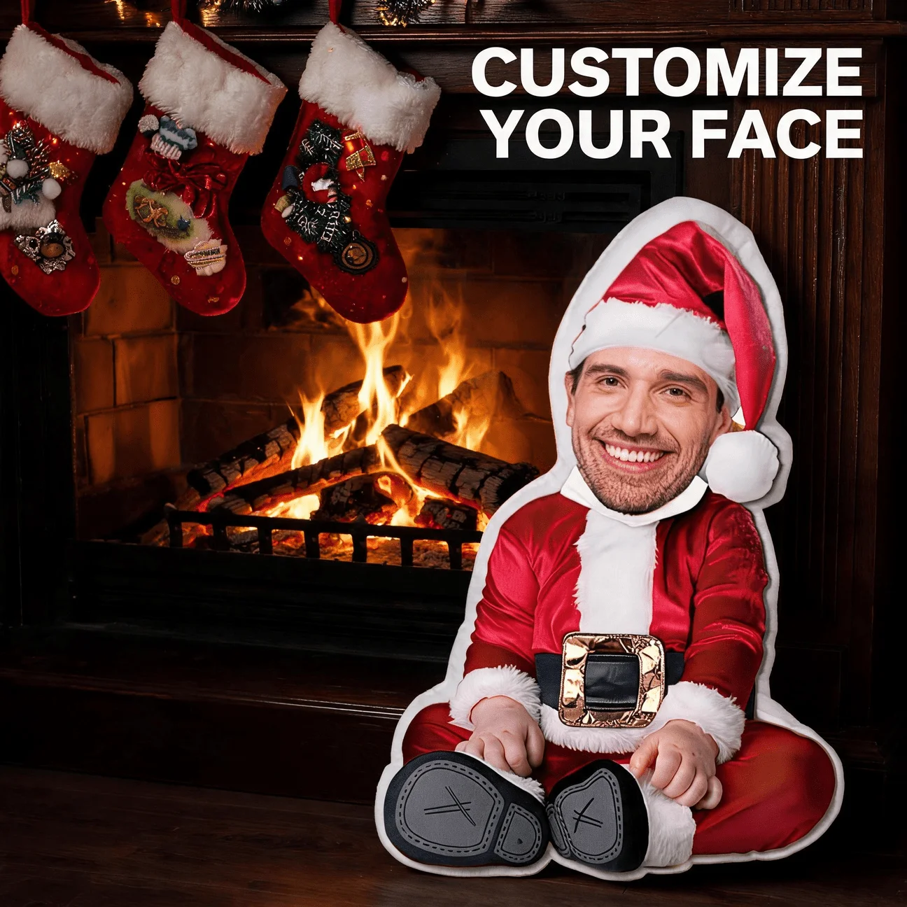 Custom Photo Santa Claus Shaped Pillow, Personalized Face in Red Suit Decorative Cushion, 70CM Funny Home Decor Accent for Sofa
