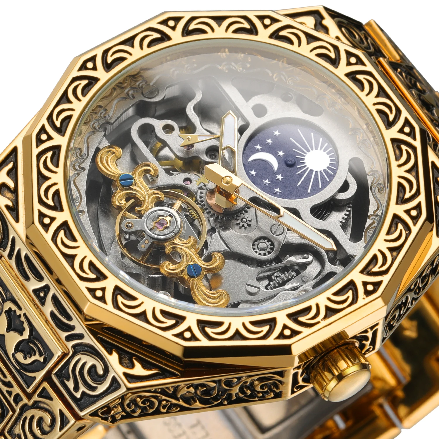 Forsining luxo tourbillon esqueleto relógios mecânicos fase da lua ouro relógio automático para homem gravado pulseira de aço inoxidável