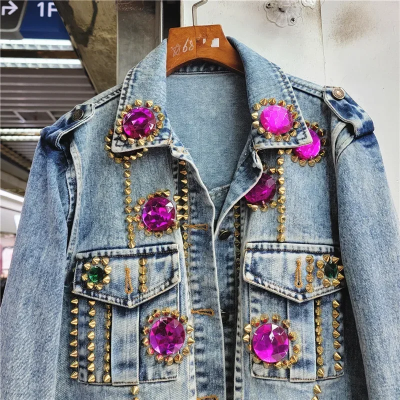 Streetwear diamants Rivet grande poche à manches longues veste en jean femmes décontracté Cowboy vêtements d'extérieur en vrac court jean veste manteau femme