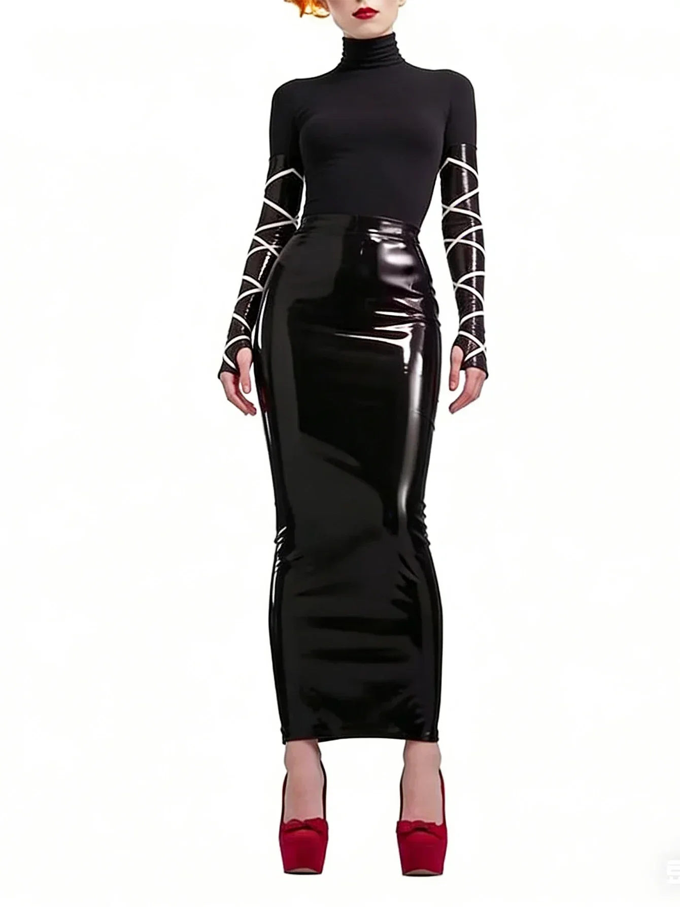 Sexy schwarzer, glänzender Latex-Bleistiftrock mit hoher Taille, figurbetonter, langer Maxi-Rock mit Reißverschluss hinten und seitlichem Schlitz, PVC-Clubwear für Damen, Party, Nachtclub – Detail 4