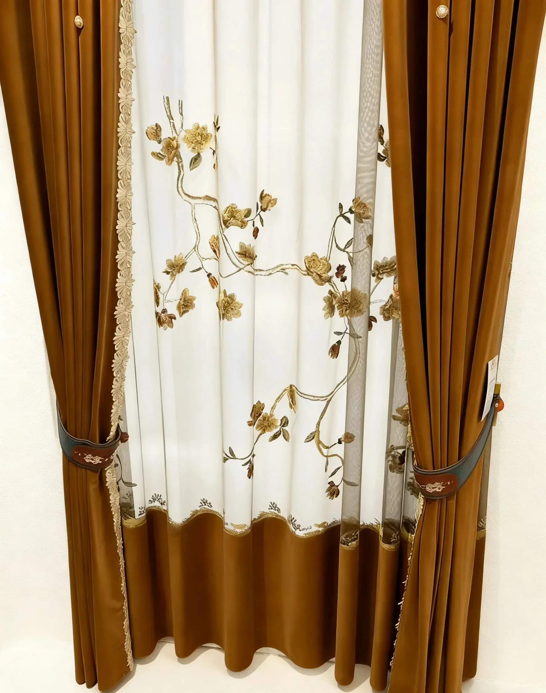 Velvet Thickened Lace Stitching Blackout Curtains For Living Room Bedroom French WindowChinese Caramel Embroidery Window Screen