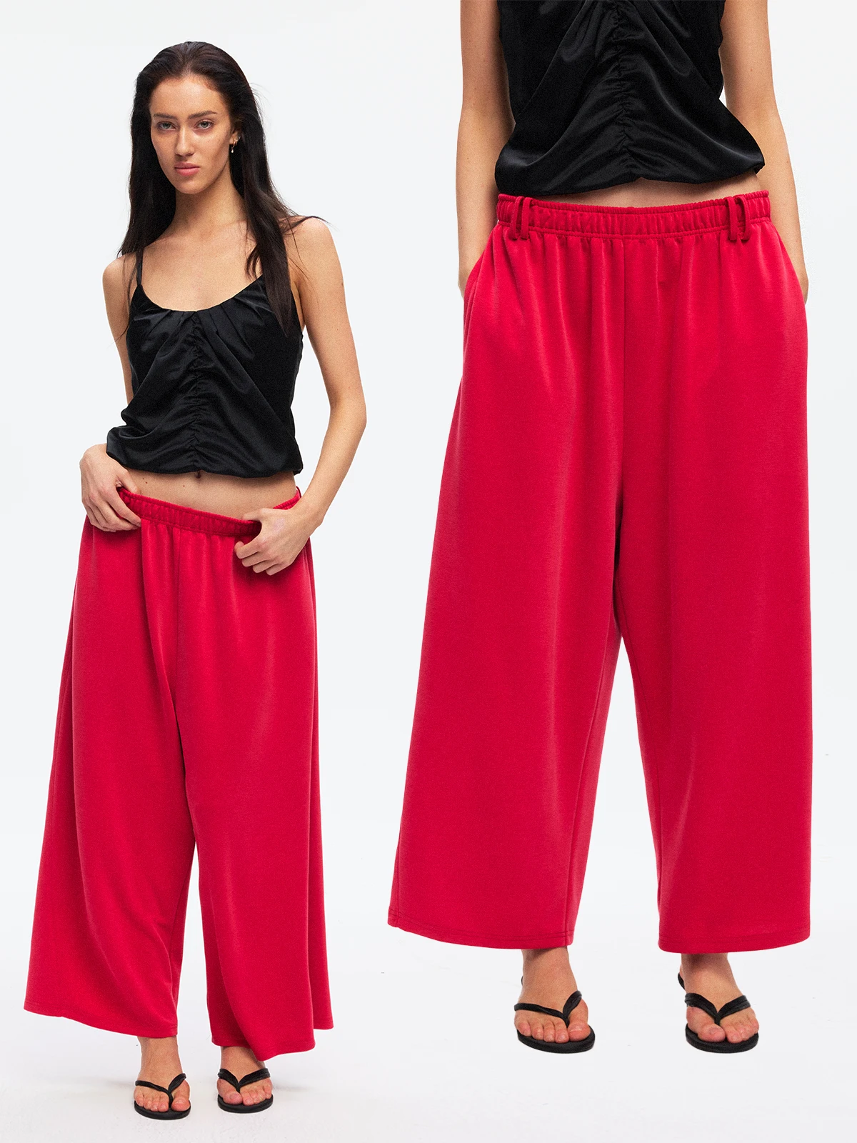 TDDP Lenzing Elastic Waist Loose Wide Leg Pants Women's Casual Trousers Nine Points Summer Slimming Loose Fit Citywalk