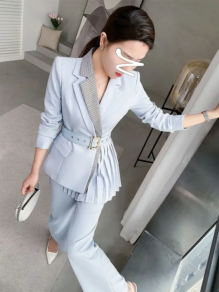 Ladies Trouser Wear To Work Professional Splicing Office Wide Leg Spring Autumn Women\'s Blazer and Pants Two Piece Set Suits D