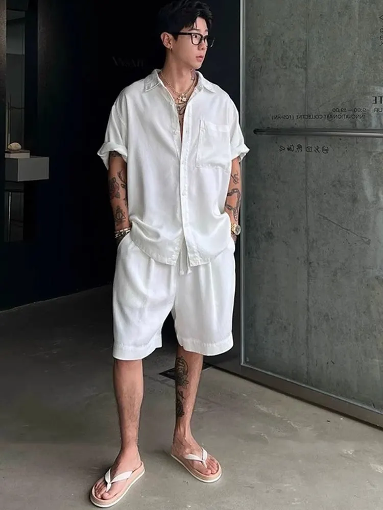 

Men's Summer Thin Qui Dry Sport irt ort Sve Silk Luster Lyocell Fiber Two-Piece Set Faionable Youth Clothing