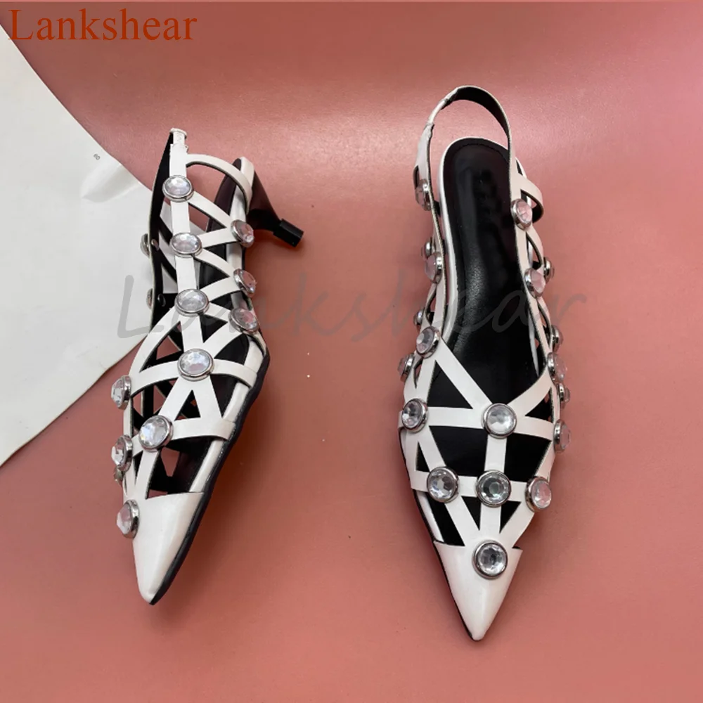 Okrągłe diamentowe sandały damskie Hollow Fashion Solid Summer Slip On Kitten Heel Sexy Runway Show Women Shoes New Arrivals