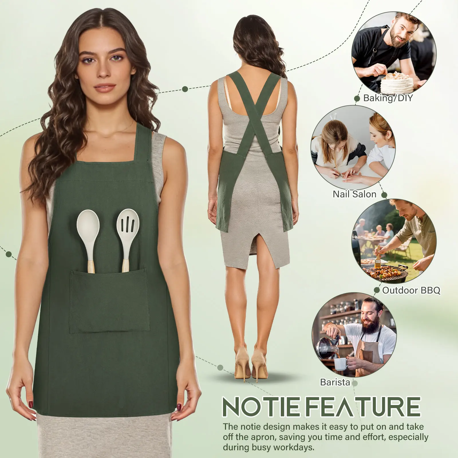 

Green Cotton Linen-Blend Cross Back No-Tie Apron for Nail Techs Artists Chefs Gardeners with Spacious Pockets Summer Work