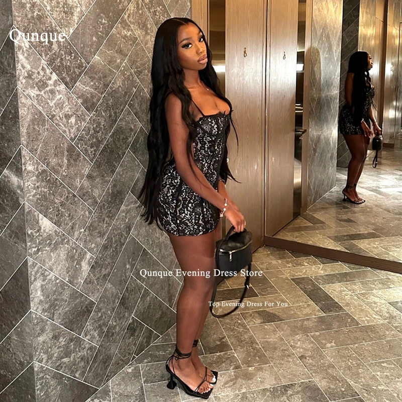 

Qunque Sexy Lace Prom Dresses Mini Black Spaghetti Straps Corset Back Party Cocktail Gowns Birthday Dress Plus Size Customized