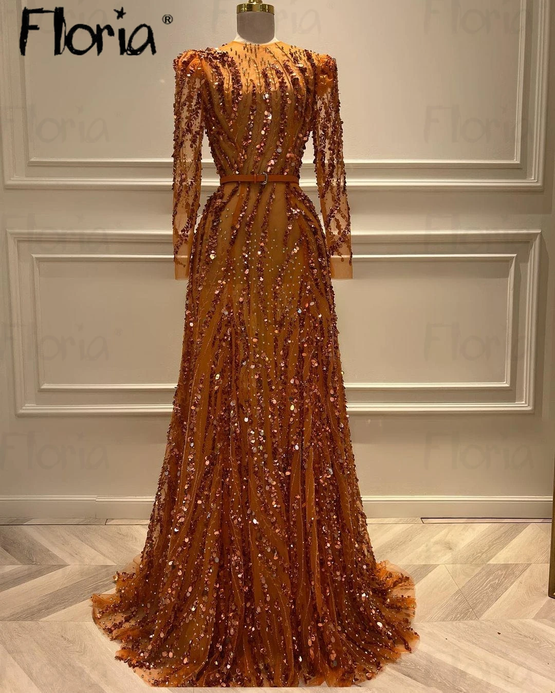 High-end Customize Beaded Sequins Evening Dress A line Orange Prom Gowns Dubai Birded Wedding Party Gowns Formal Gowns Muslim