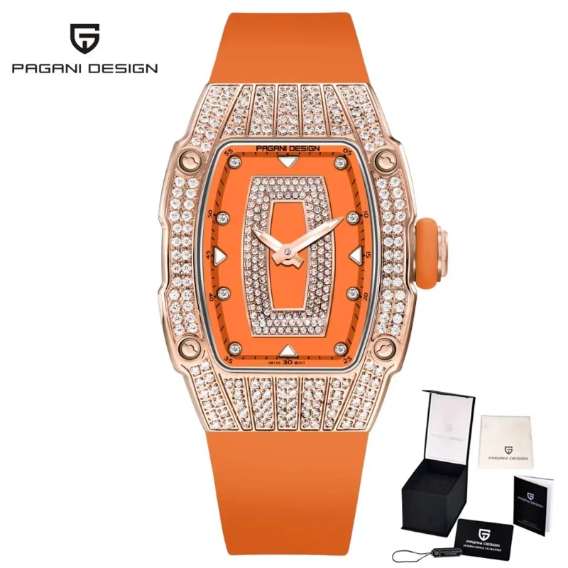 PAGANI DESIGN-YS013 Tonneau Women Quartz Watch, Full Diamond Inlaid Case, Colorful Silicone Strap, Luxury Bling Fashion Waterpro