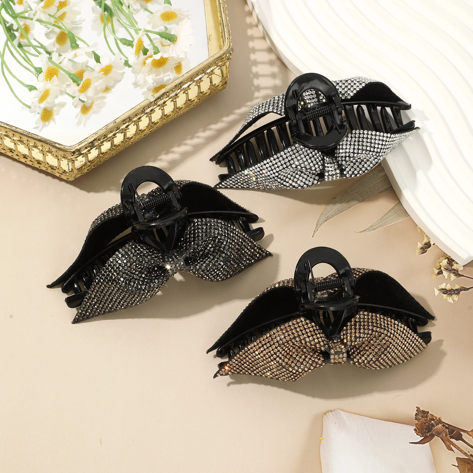 AWAYTR جديد القوس مشبك شعر بسيط أنيق رومانسي كامل الماس القوس مشبك شعر عالية ذيل حصان القرش كليب النساء إكسسوارات الشعر #2