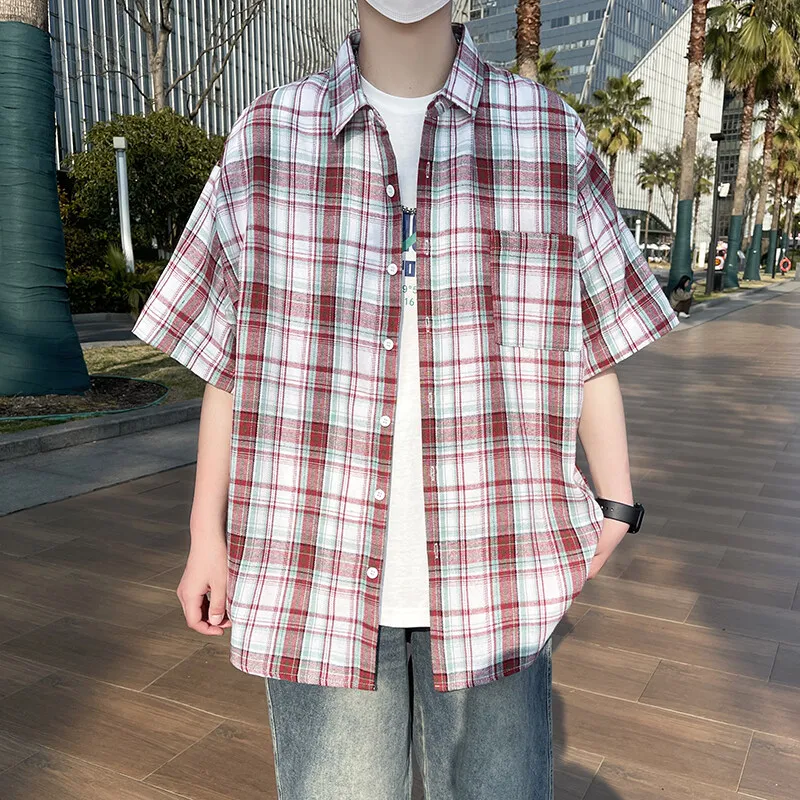 Summer Large Size Men Oversized Shirts Fashion Hip Hop Short Sleeved Loose Man Shirt Plaid Print Single Pocket Casual Mens Shirt