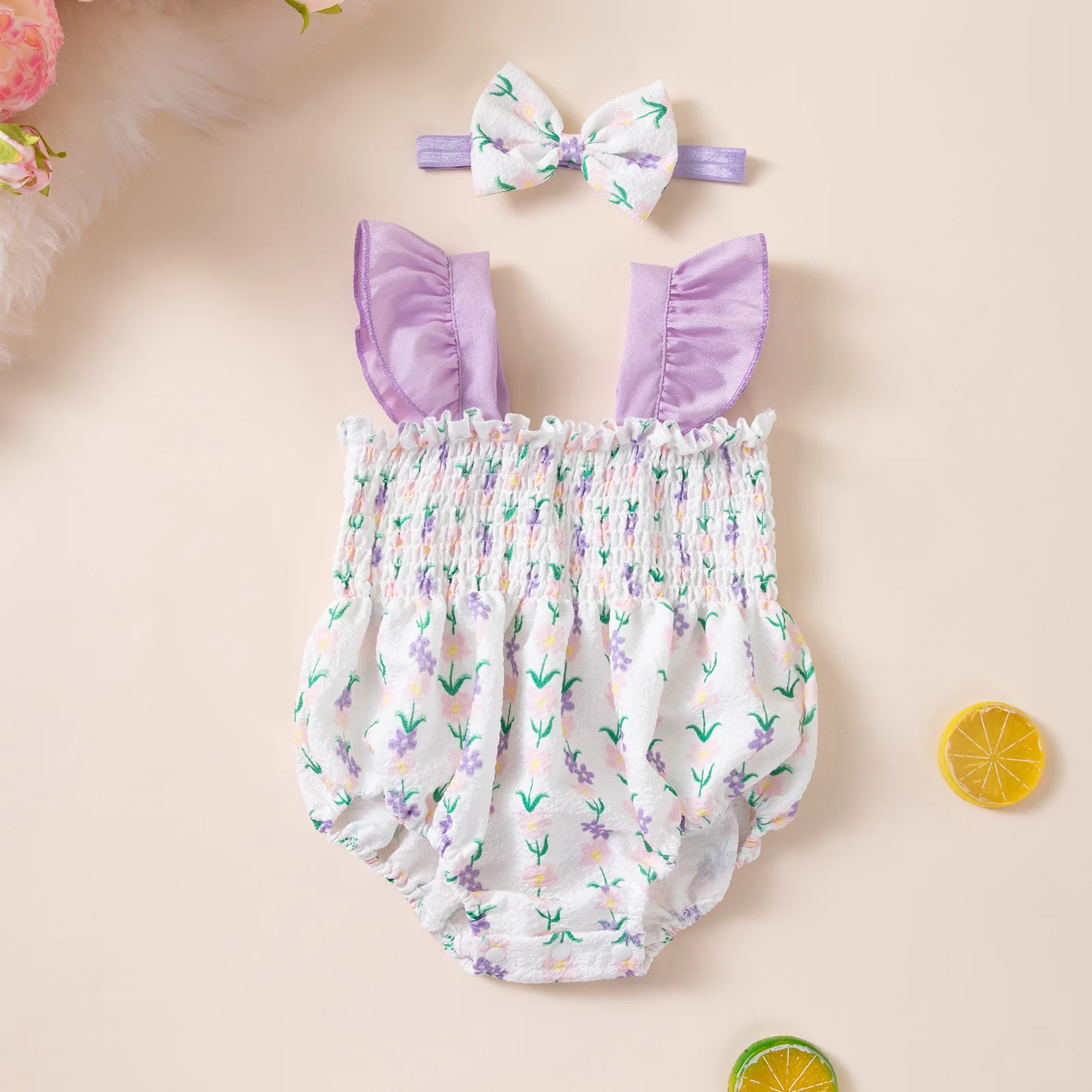 

Фиолетовый летний комбинезон-боди для девочек с рюшами и бретельками, без рукавов, с цветочным узором, с повязкой на голову