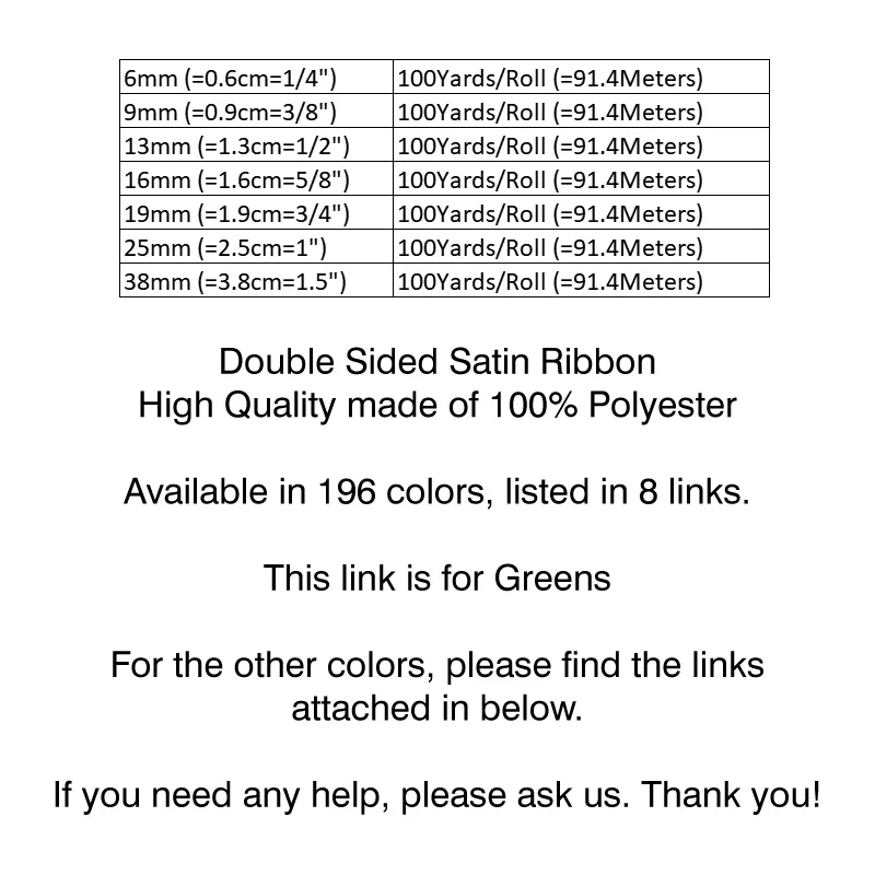 100Yards 6/9/13/16/19/25/38mm GREEN Double Sided Satin Ribbon Solid Color Silky Ribbons 100% Polyester Dense Fabric Tapes