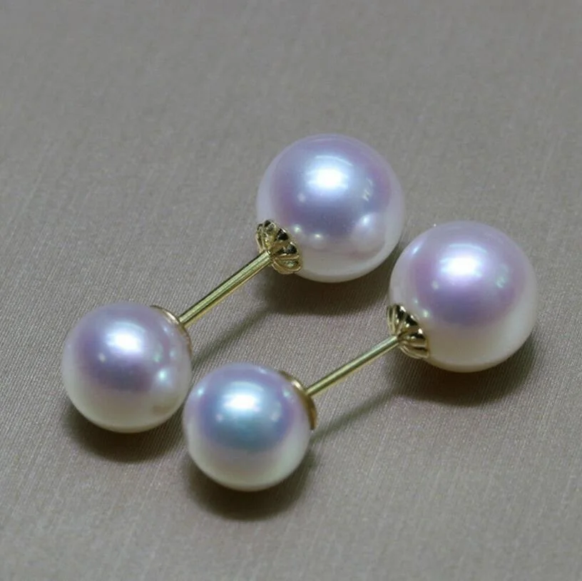 

AAAAA 9-10mm Pure Natural Japanese Akoya White Round Pearl Earrings 18k Gold-