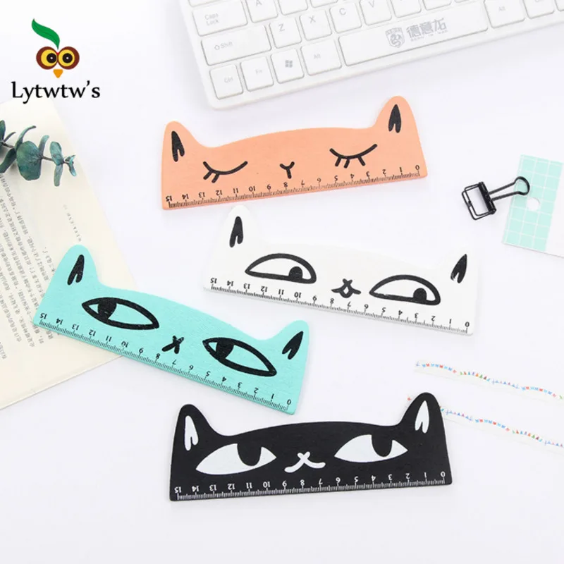 4 Piece Lytwtw\'s Cute Kawaii Black Cat Kitten Straight Ruler Wooden Tools Cartoon Drawing Office School Stationery Supplies