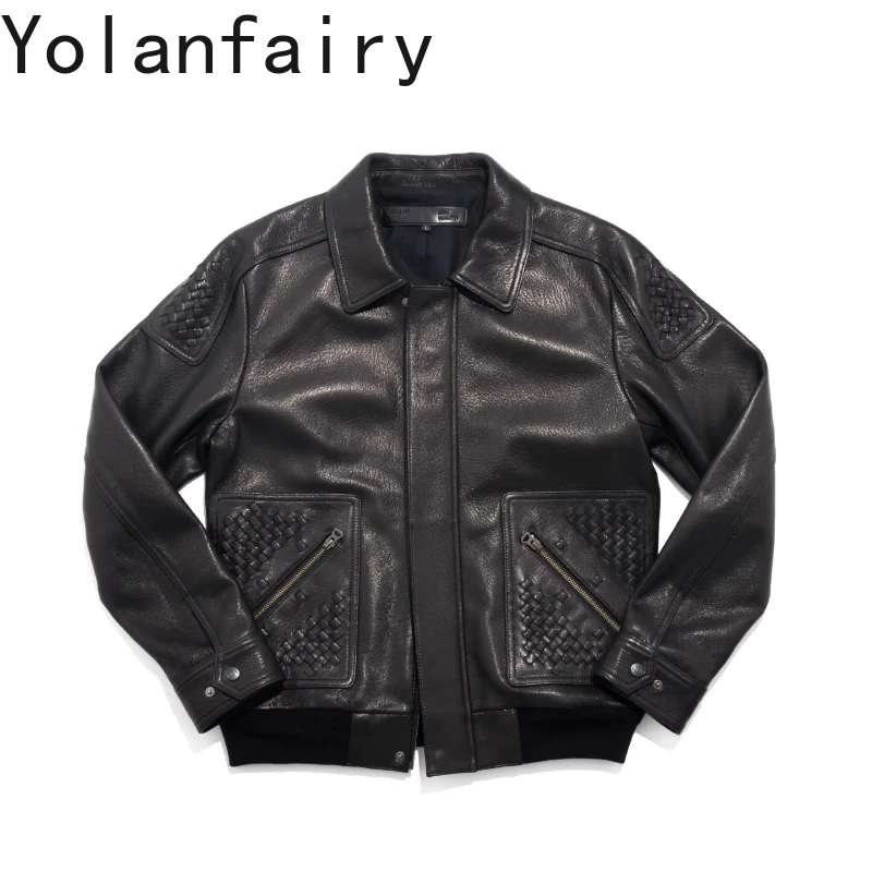 YOLANFAIRY High Quality Real Goatskin Men Leather Jacket Casual Woven Leather Strips Lapel Genuine Leather Jackets Coat Slim-fit