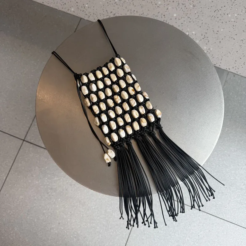 Fashion Stone Beaded Shoulder Bag Bohemian Tassel Crossbody Bags for Women Rope Crochet Beach Bag NEW Handmade Woven Bags Flap view 5